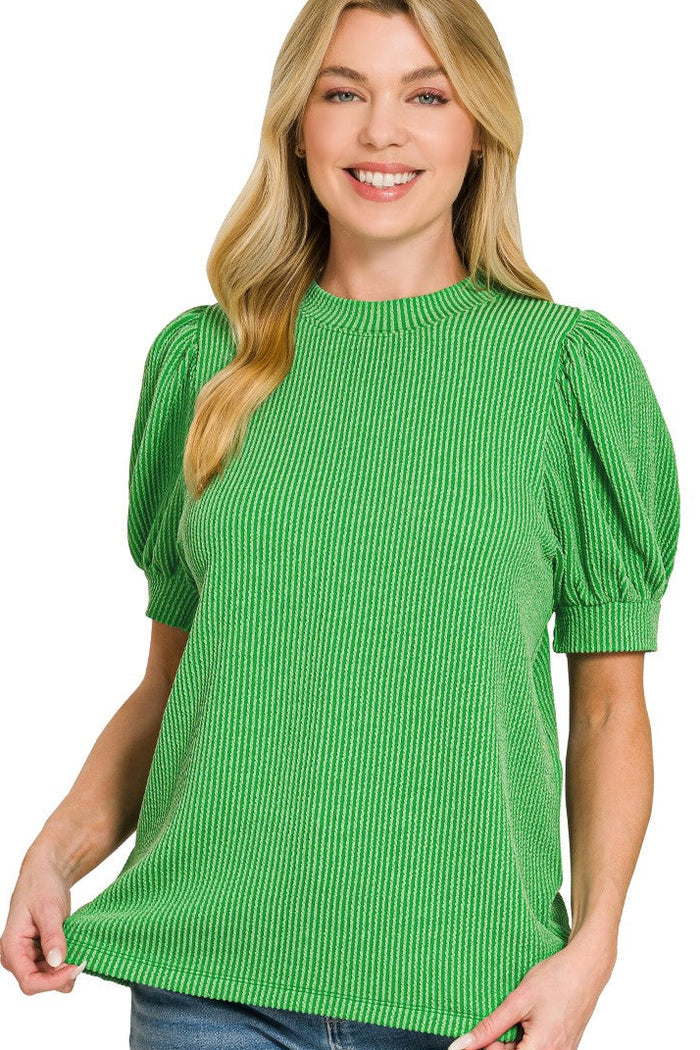 Kelly green ribbed knit T-shirt with puff sleeves