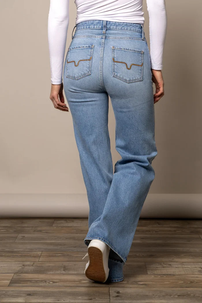 Light blue straight-leg jeans with contrast stitching on back pockets