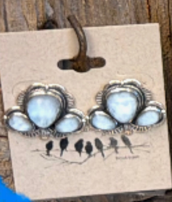 Silver-tone larimar stud earrings with light blue oval stones and decorative halo settings