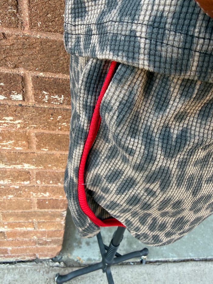 Leopard waffle knit shorts with red trim and elastic waistband, blue-gray