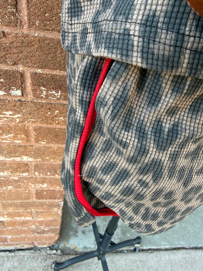 Leopard waffle knit shorts with red trim and elastic waistband, blue-gray