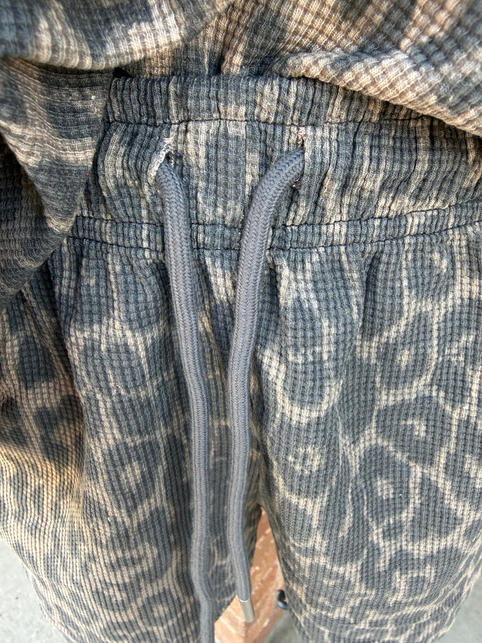 Leopard waffle knit shorts with blue-gray fabric and red drawstring detail
