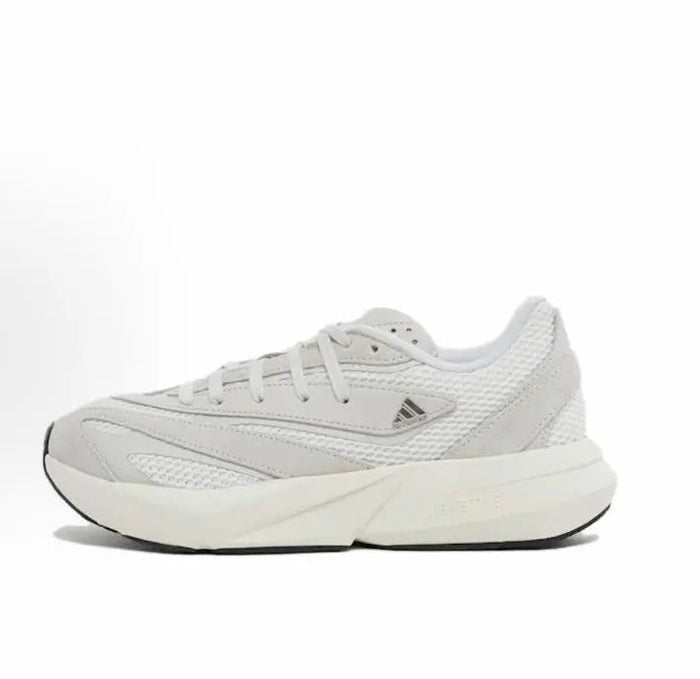 White Adidas Lightblaze low-top running shoes with lace-up front and side stripes.