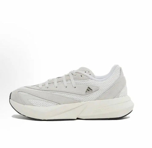 White Adidas Lightblaze low-top running shoes with lace-up front and side stripes.