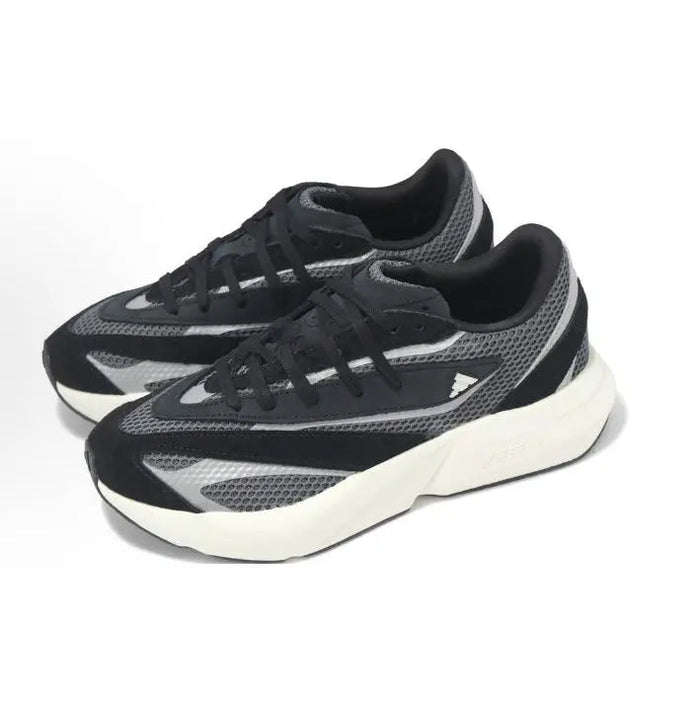 Adidas Lightblaze running shoes pair, black mesh uppers with gray accents