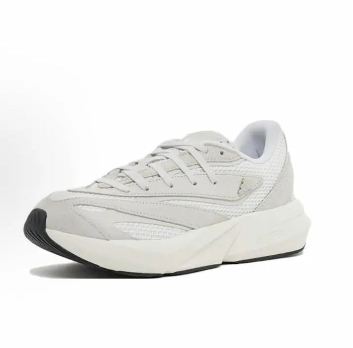 Light gray/white low-top running shoes with lace-up front, side stripe detail, and thick sole.