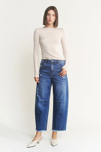 Mica barrel jeans in dark blue wash, high-rise with wide cropped fit and stitched back pockets