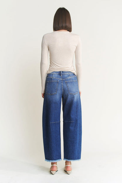 Mica barrel jeans in dark blue wash, wide cropped leg with distressed seams and frayed hem