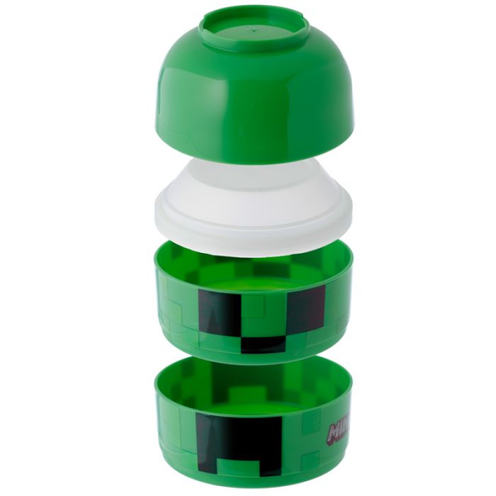 minecraft creeper stacked round bento lunch box opened showing separated compartments