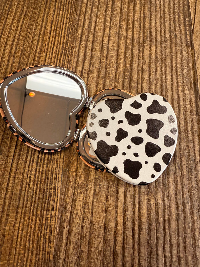 Cow print heart mirror compact with round mirror and hinged silver case