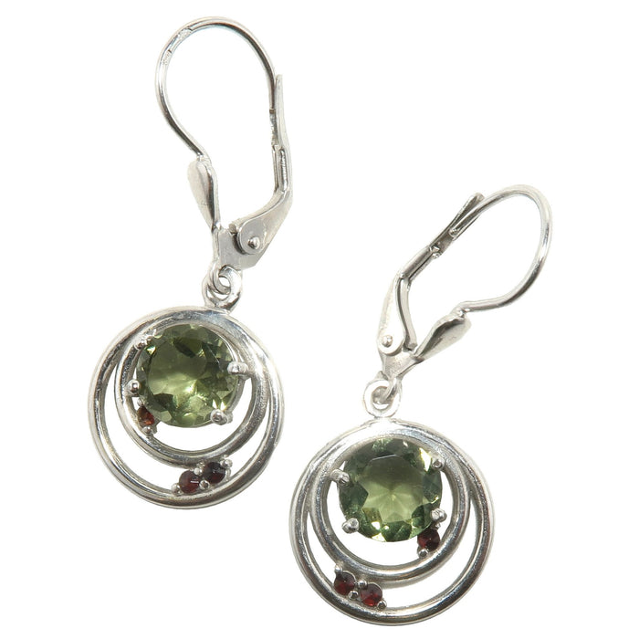 faceted green moldavite and red garnets in circular sterling silver earring