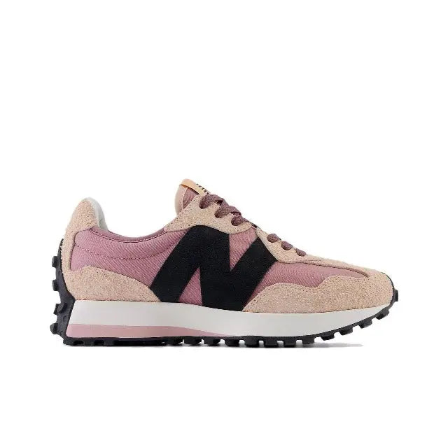 New Balance MS327 sneaker in rose water, black and white with lace-up design