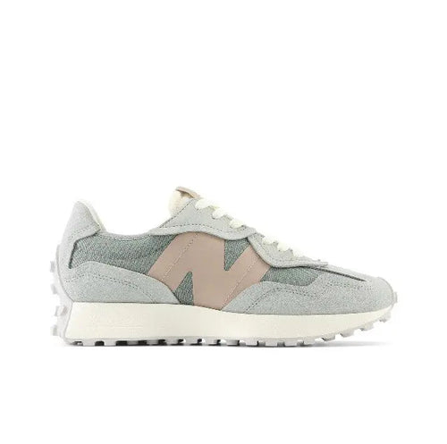 Low-top sneaker in light gray with teal and beige panels, white laces