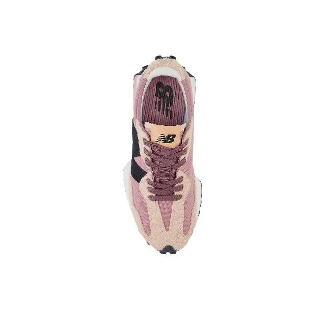 Sneaker heel and quarter view with rose and tan panels, black trim, lace-up top