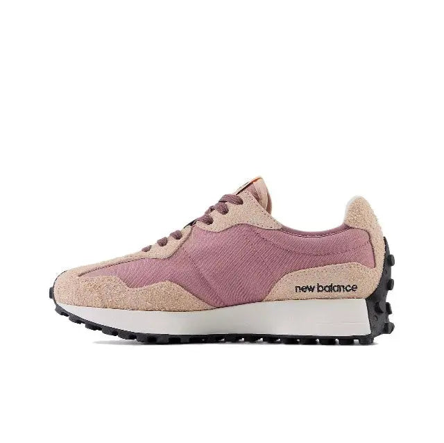 Sneaker side profile in rose water and tan with 'new balance' logo and laces