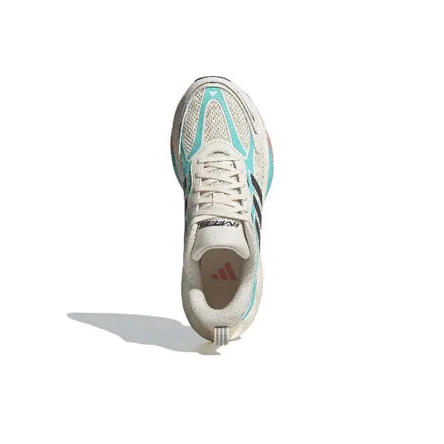 Adidas MTS Pro running shoe, side view of white lace-up upper with teal trim