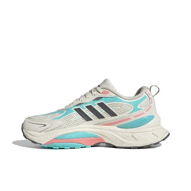 Adidas MTS Pro running shoe, front-side view in white with teal and pink accents