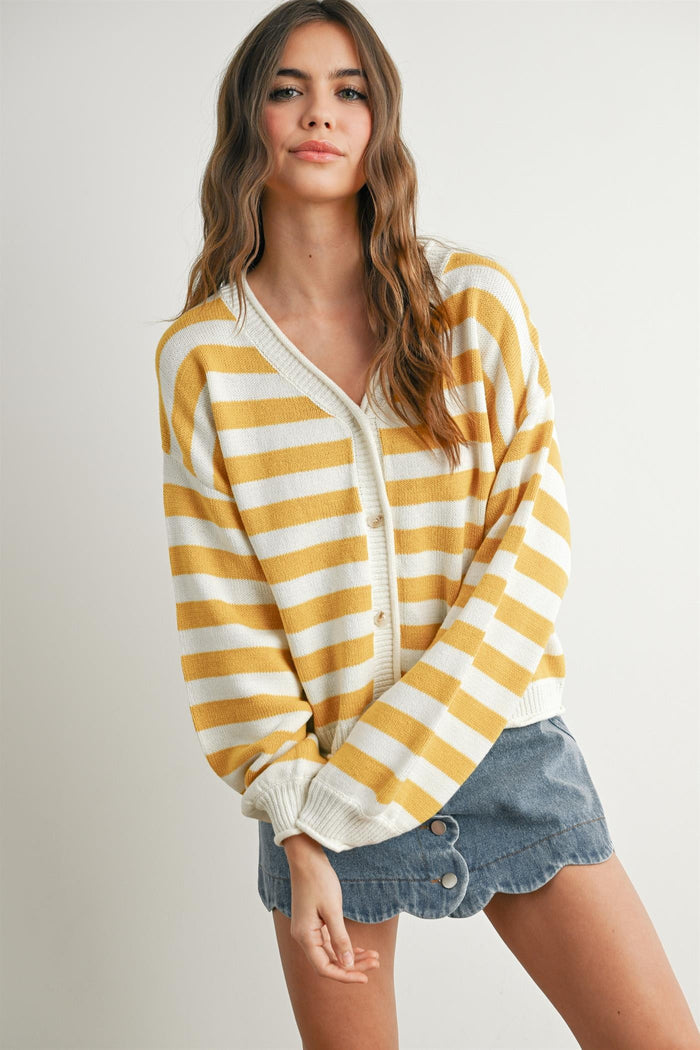 Mustard and white striped cardigan with button front and V-neck, long sleeves