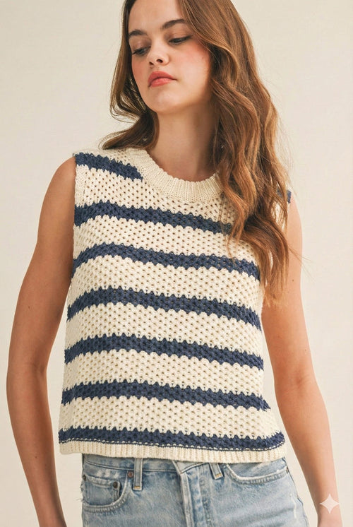 Navy and ivory striped knit tank sweater with round neckline and sleeveless design