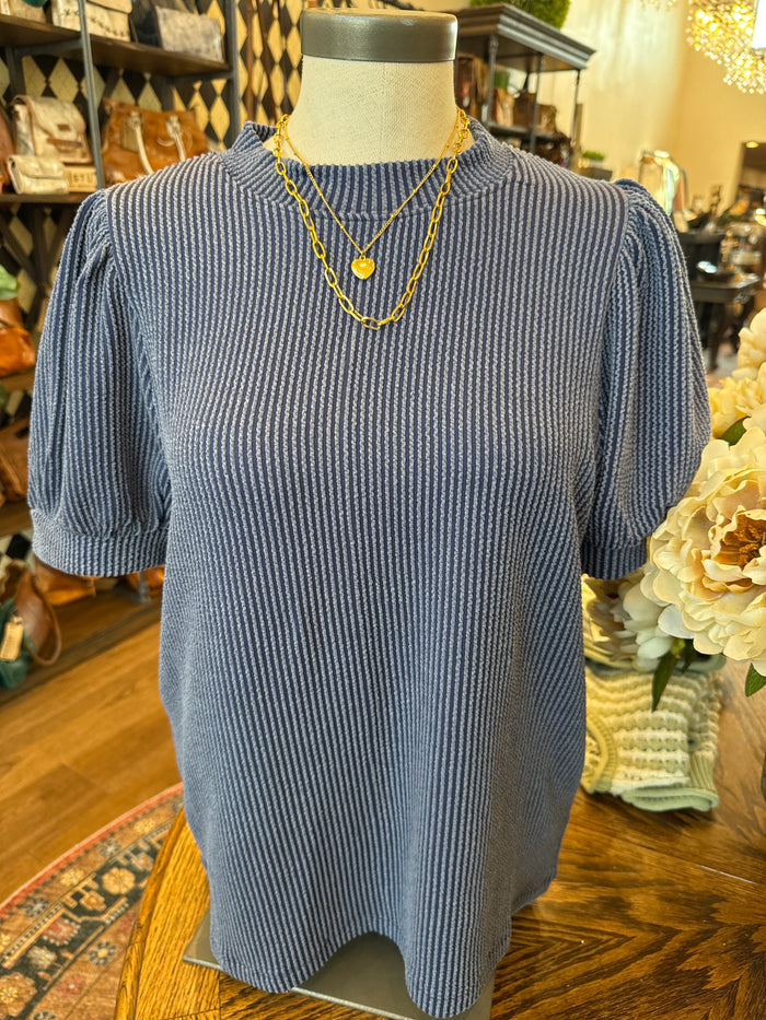 Navy ribbed knit t-shirt with puff sleeves and crew neck