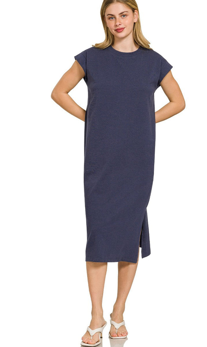 Navy short-sleeve knit midi dress with crew neck and side slit