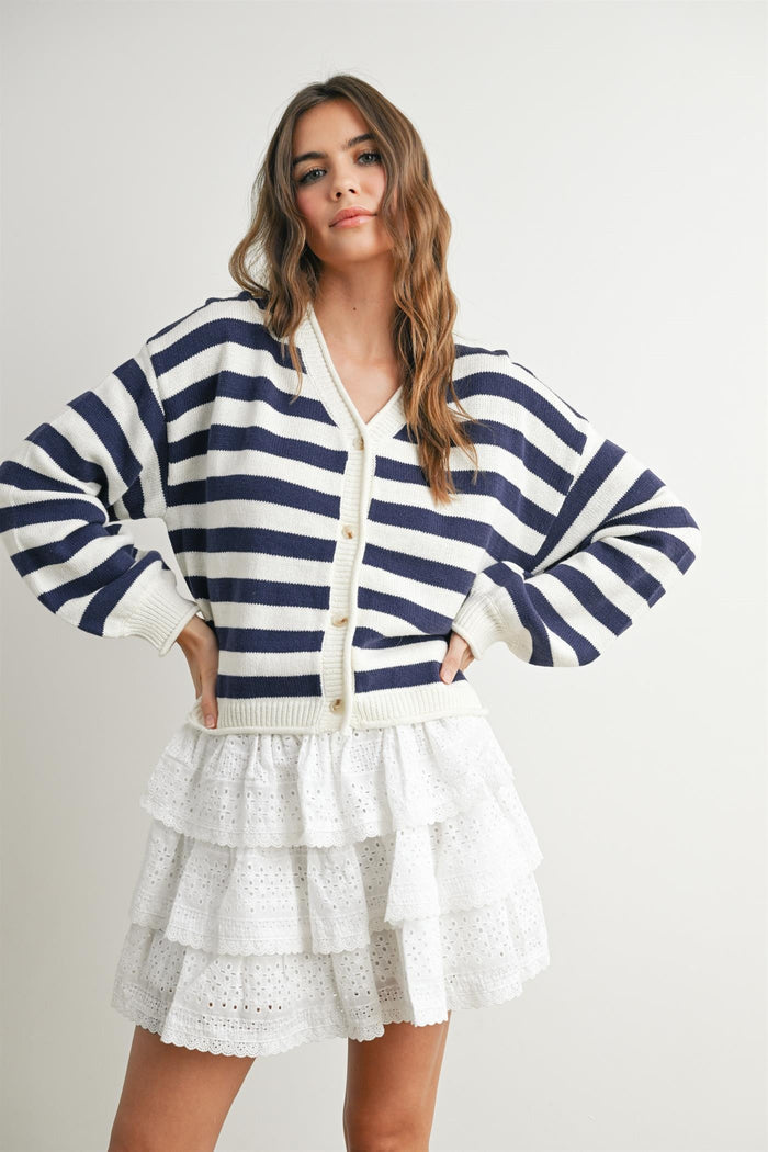 Navy and cream striped button-front cardigan with V-neck and ribbed cuffs