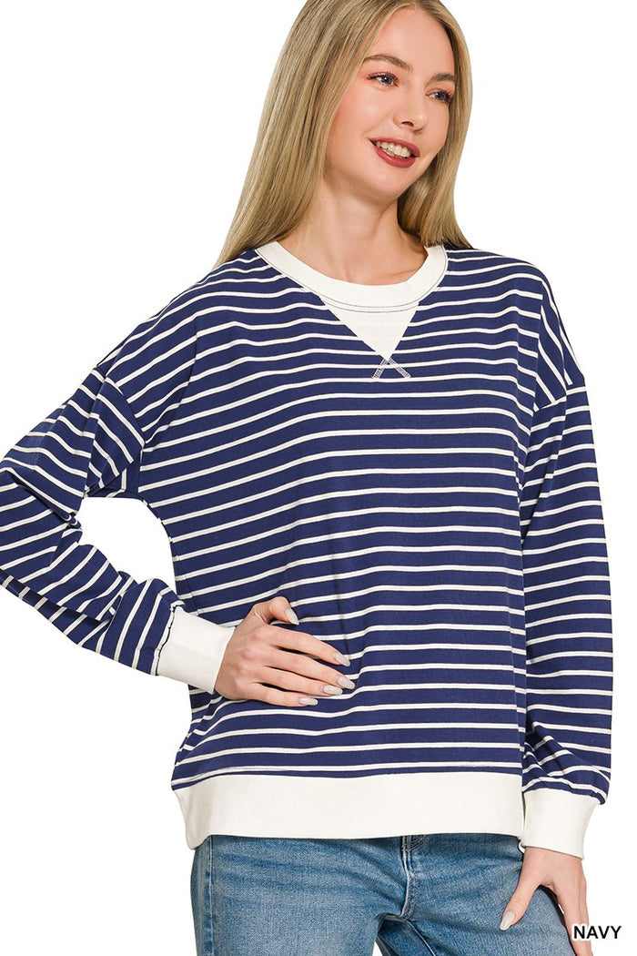 Navy and white striped lightweight sweatshirt with V-neck and ribbed cuffs