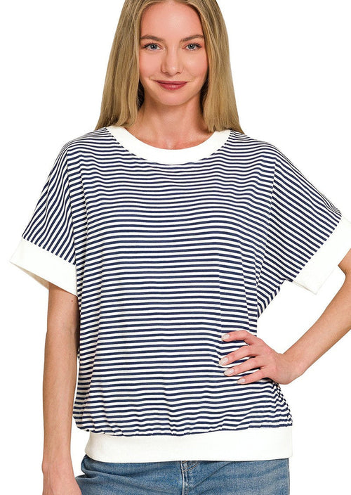 Navy and white striped t-shirt with crew neck and short sleeves