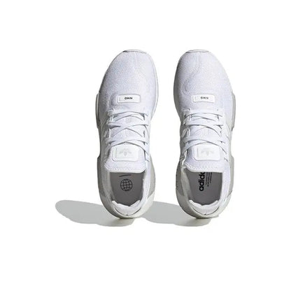 Adidas NMD_R1 sneakers, white heels with lace-up front and striped logo patch
