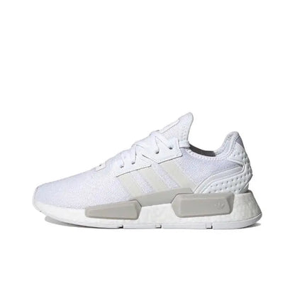Adidas NMD_R1 low-top sneakers in white with three-bar stripes and gray sole