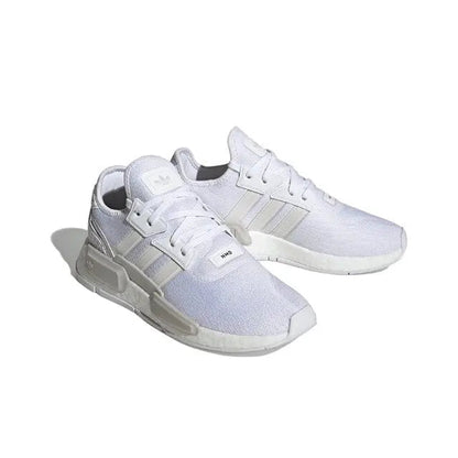 Adidas NMD_R1 sneakers, white upper with three-bar stripes, lace eyelets, gray sole