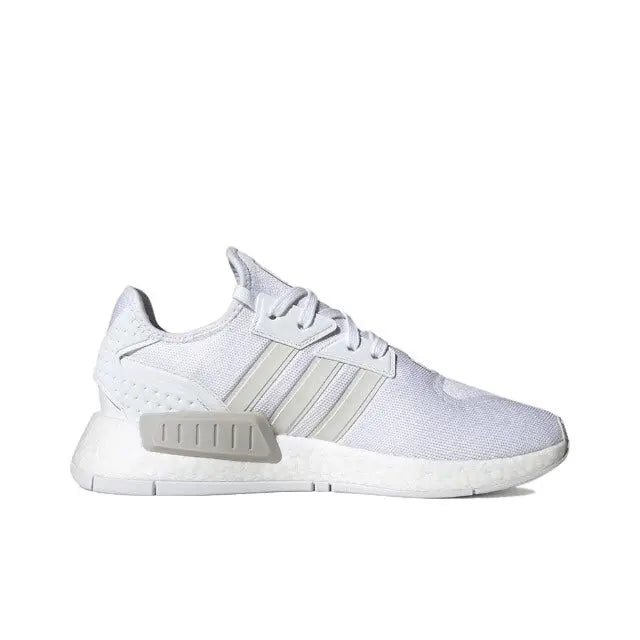 Adidas NMD_R1 low-top sneakers, white upper with gray-striped side and chunky sole