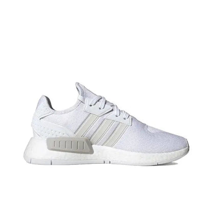 Adidas NMD_R1 low-top sneakers, white upper with gray-striped side and chunky sole