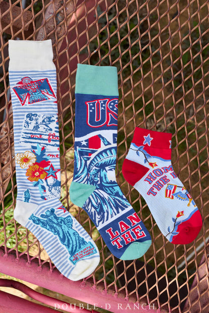 Three patriotic crew socks set in white, teal and red with star graphic prints
