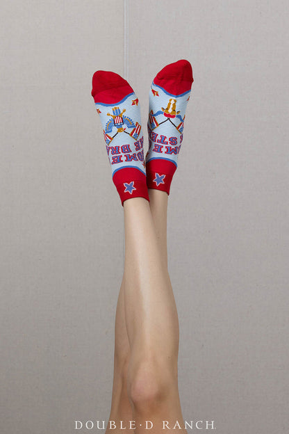 Red and white crew socks with patriotic character and star print