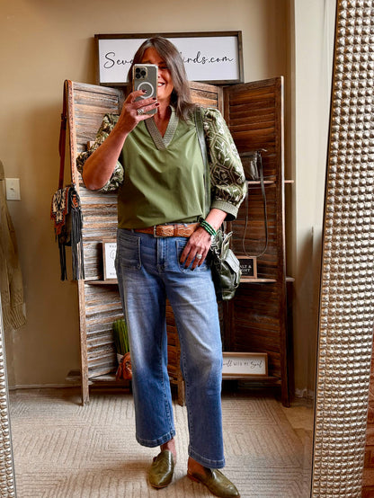 Olive green embroidered sleeve V-neck shirt, puffed shoulders, stitched cuff details