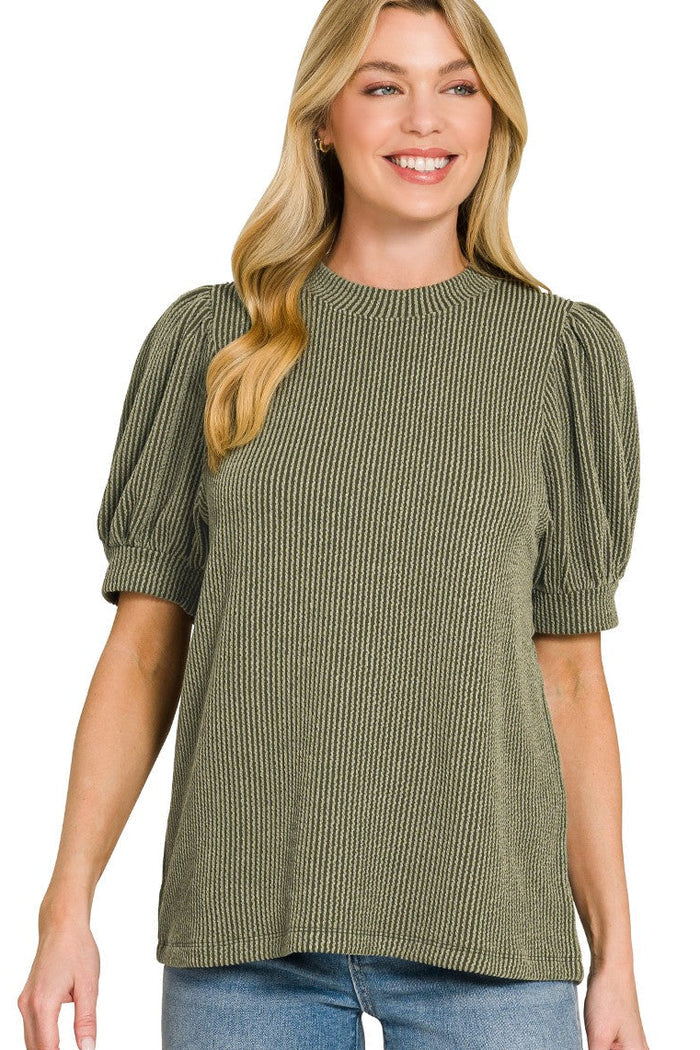 Olive ribbed knit t-shirt with puff sleeves and crew neck
