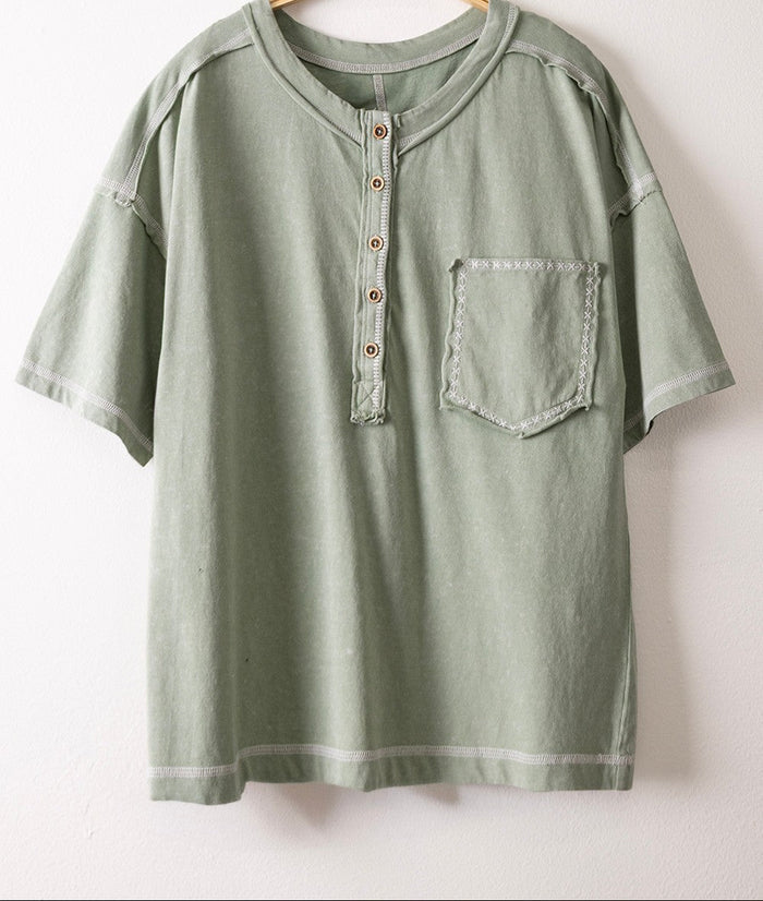 Olive short sleeve henley T-shirt with button placket and chest pocket