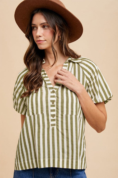 Green and cream vertical striped button-up shirt with V-neck and balloon sleeves