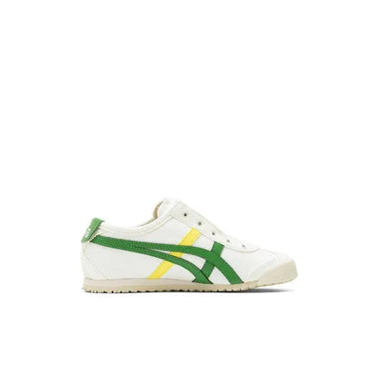 Onitsuka Tiger Mexico 66 slip-on shoe, white upper with green stripes and yellow accent