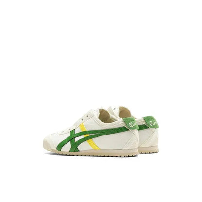 Onitsuka Tiger Mexico 66 slip-on shoe, side view with green heel tab and stripes