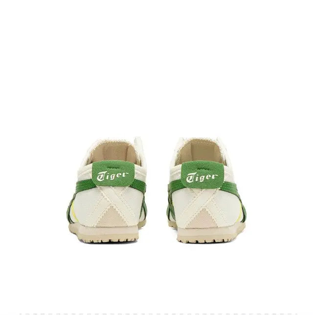 Onitsuka Tiger Mexico 66 slip-on shoe, back view with green “Tiger” heel labels