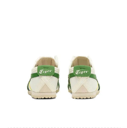Onitsuka Tiger Mexico 66 slip-on shoe, back view with green “Tiger” heel labels