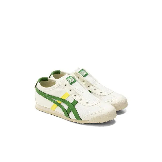 Onitsuka Tiger Mexico 66 slip-on shoe, front angle with green eyestays and yellow stripe