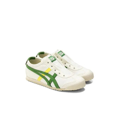 Onitsuka Tiger Mexico 66 slip-on shoe, front angle with green eyestays and yellow stripe