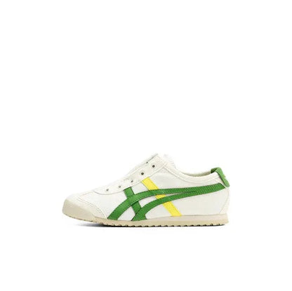 Onitsuka Tiger Mexico 66 slip-on shoe, side profile with green stripes on white leather