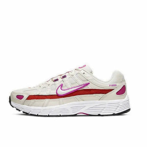 Beige/white running sneaker with purple swoosh, red stripe, and lace-up front