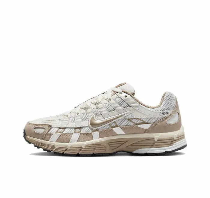 P-6000 premium sneaker, light cream with brown accents, lace-up side profile