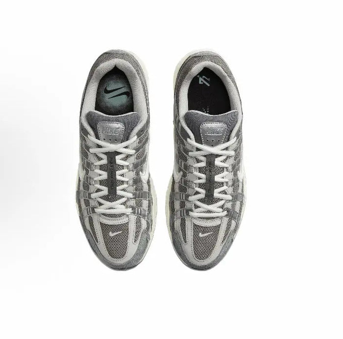 P-6000 Premium sneakers top view, gray uppers with white laces and swoosh