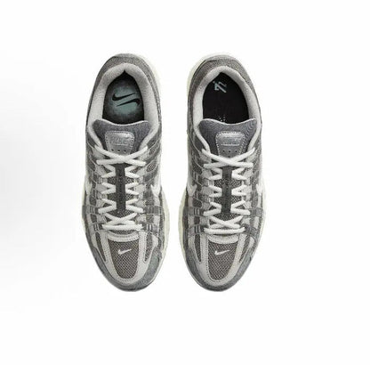 P-6000 Premium sneakers top view, gray uppers with white laces and swoosh